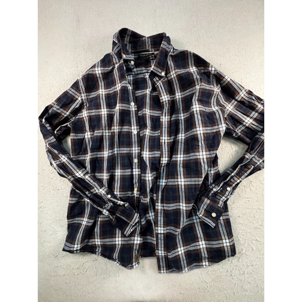 Banana Republic Mens L Navy Brown Plaid Slim Fit Untucked Button Down Shirt